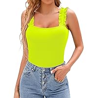 HERLOLLYCHIPS Sexy Tank Tops for Women Square Neck Ruffle Strap Ribbed Knit Tight Stretchy Sleeveless Shirts