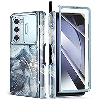 GVIEWIN Marble for Samsung Galaxy Z Fold 5 Case, with Built-in S Pen Slot, Slide Camera Lens Cover, Screen Protector, Hinge Protection, Full Body Protection Phone Case 2023 (Polar Cloud/Blue)