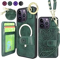 Harryshell Crossbody Magnetic Wallet Case for iPhone 15 Pro Compatible with MagSafe Wireless Charging Protective Phone Cover Card Slots Holder Kickstand Wrist Strap Lanyard (Floral Deep Green)