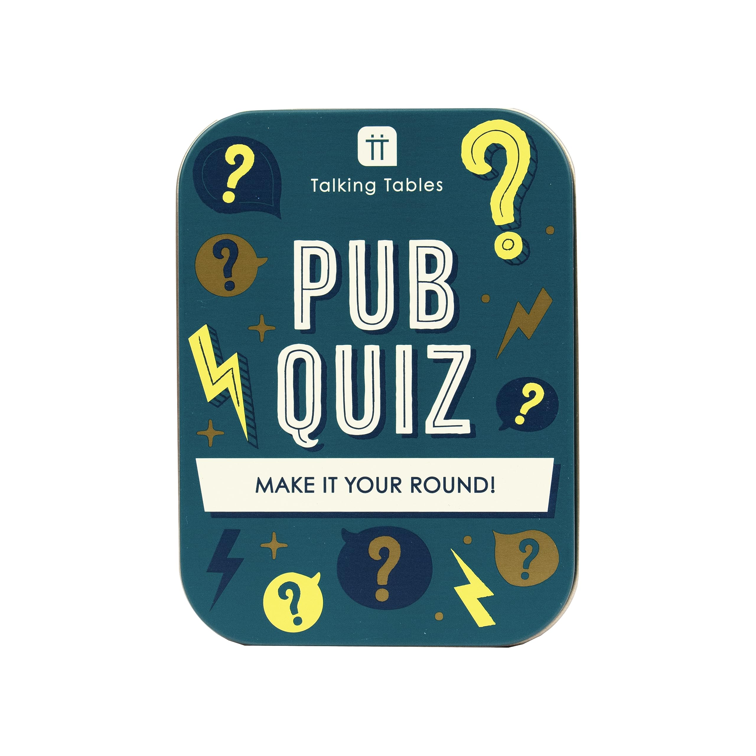 Talking Tables Pub Quiz Travel Game, Pocket Size General Knowledge Trivia for The Family to Play on a Journey or at Home Packed in a Giftable Tin Case, Secret Santa or Stocking Filler