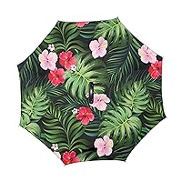 ALAZA Tropical Palm Leaves Hibiscus Flower Summer Windproof Inverted Open Close Reverse Rain Umbrella Inside Out Quality Waterproof Parasol Upside Down Stick Shelter with Hook c Handle