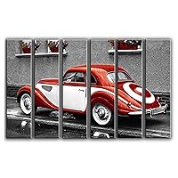 X-Large 6 Piece Red Vintage Car Wall Art Decor Picture Painting Poster Print on Canvas Panels Pieces - Transportation Theme Wall Decoration Set - Classsic Car Wall Picture for Showroom 44 by 67 in