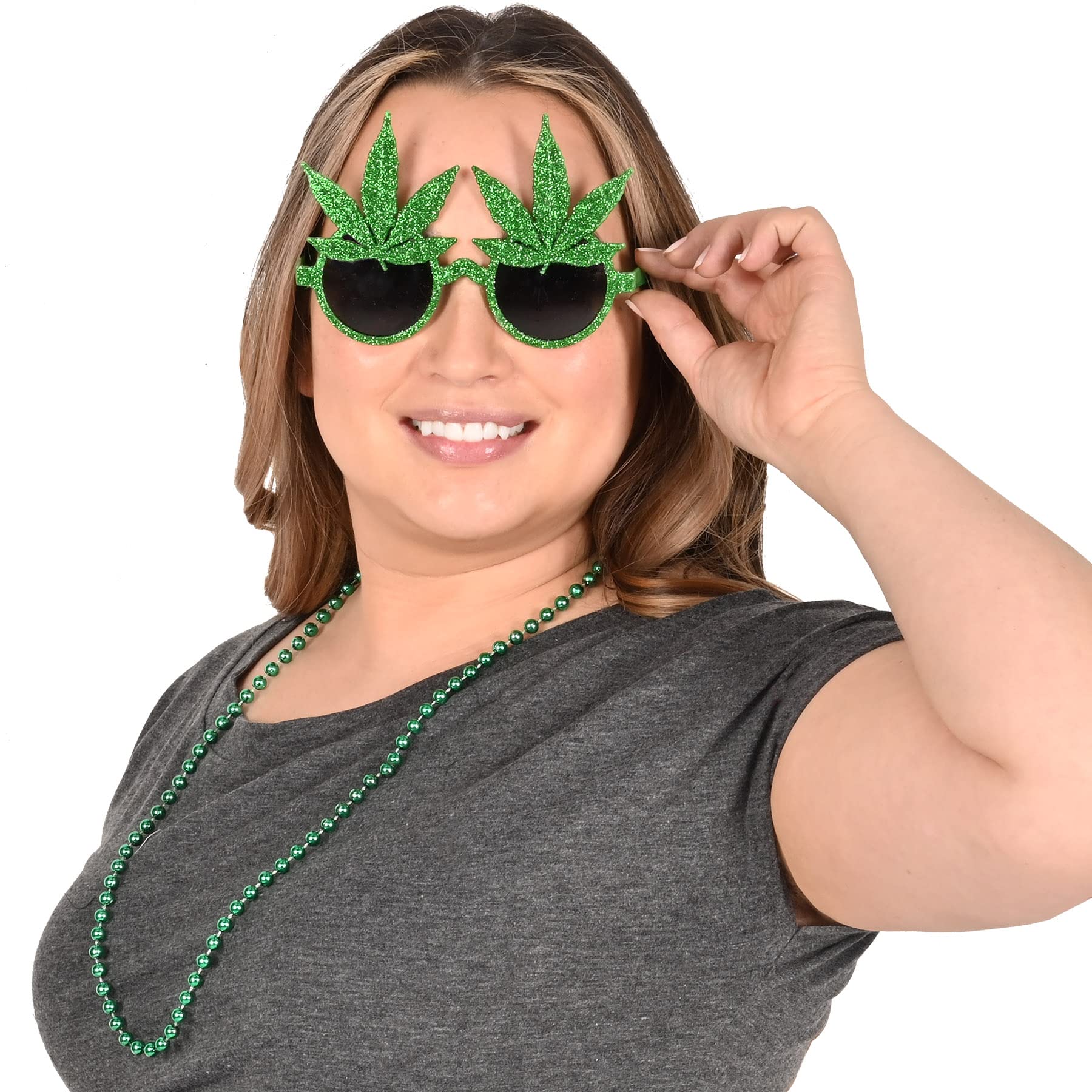 Beistle , 3 Piece Glittered Weed Glasses, Green