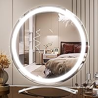 Vierose 18 Inch Large Vanity Mirror with Lights, Round Light Up Makeup Mirror, LED Mirror Makeup Mirror with Lights for Bedroom Tabletop, Smart Touch Control 3 Colors Dimmable, 360° Rotation (White)