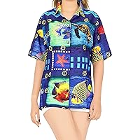 HAPPY BAY Women's Button Down Blouses Summer Beach Party Colorful Shirt Collared Blouse Short Sleeve Vacation Button Up Dress Tee Hawaiian Shirts for Women XXL Water Animals, Blue