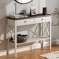 ChooChoo Framhouse Console Table with Drawers, Narrow Wood Accent Sofa Table Entryway Table with Storage Shelf for Entryway, Front Hall, Hallway, Living Room, Antique White & Brown