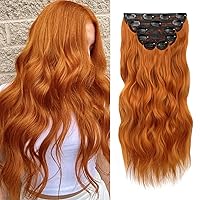WECAN Clip In Hair Extensions 20 Inch 6pcs Copper Red Long Wavy Curly Hair Extensions Ginger Synthetic Fiber Double Weft Soft Hairpieces For Women Full Head