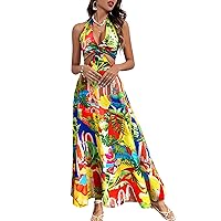 SPORLIKE Women V-Neck Long Dress Cut Out Bohemian Sundress Tropical Bodycon Maxi Dress