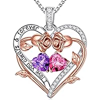 Iefil Rose Heart Birthstone Necklace Gifts for Wife Girlfriend Her Women, Birthstone Jewelry Gemstone Valentines Day Birthday Gifts for Mom Grandma Her Wife Girlfriend Women