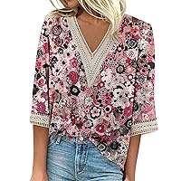 YALIHEN 2024 Women's Summer Casual 3/4 Sleeve Shirts Lace V Neck Dressy Blouses Trendy Vacation Boho Floral Shirts