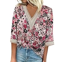 Womens Summer Tops and Blouses 3/4 Sleeve Shirts Lace V Neck Dressy Tops Trendy Vacation Floral Blouses