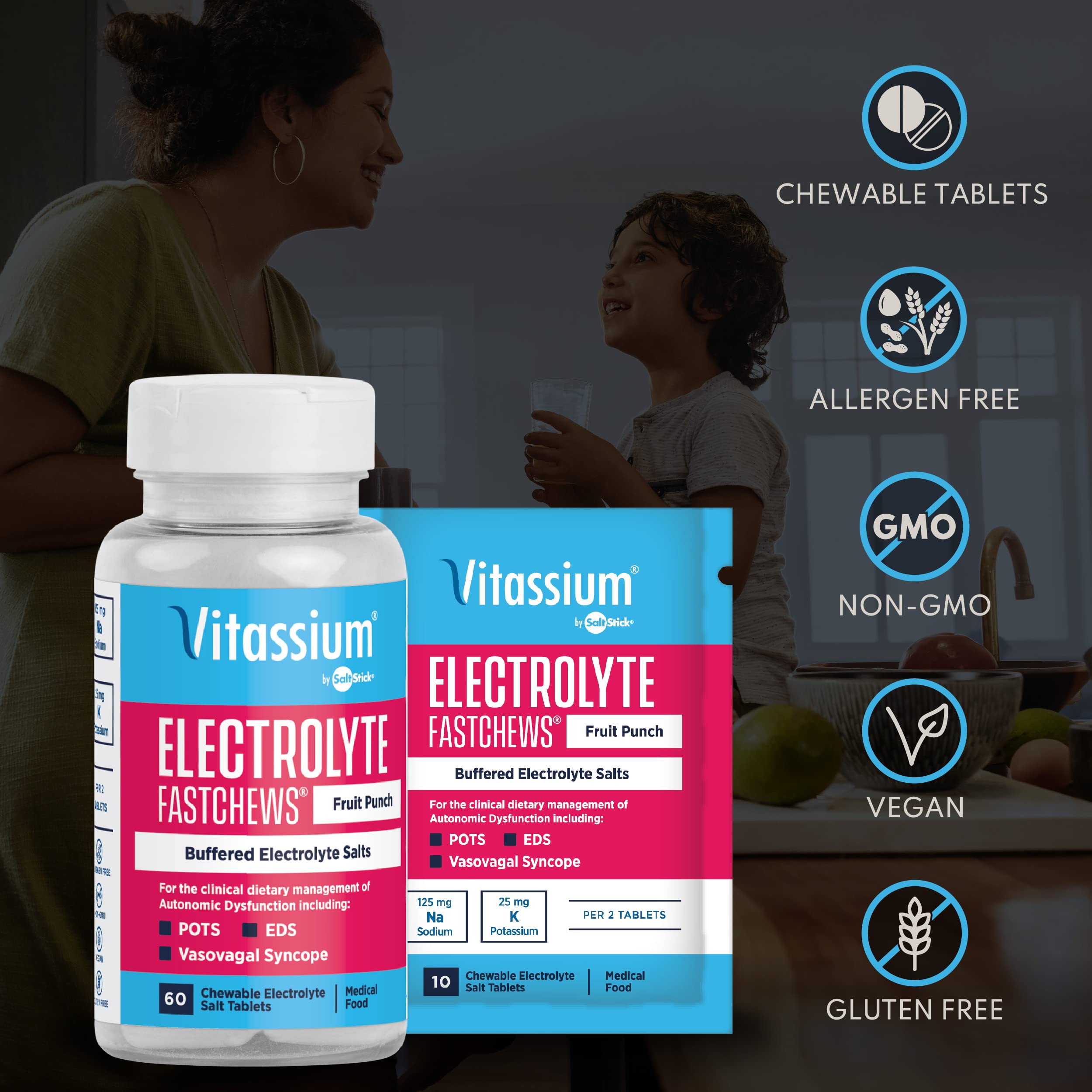 Vitassium FastChews - Fruit Punch Flavored Chewable Electrolytes - Sodium and Potassium for Rapid Relief - Non-GMO, Vegan, Gluten & Allergen Free - 60 Electrolyte Tablets Per Bottle