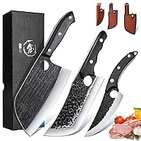 Butcher Knife Set, 3PCS Hand Forged Meat Cleaver & Serbian Chef Knife & Viking Knives with Sheaths, Black High Carbon Steel Meat Cutting Kitchen Knife Set for Kitchen Camping BBQ Gift Idea Men