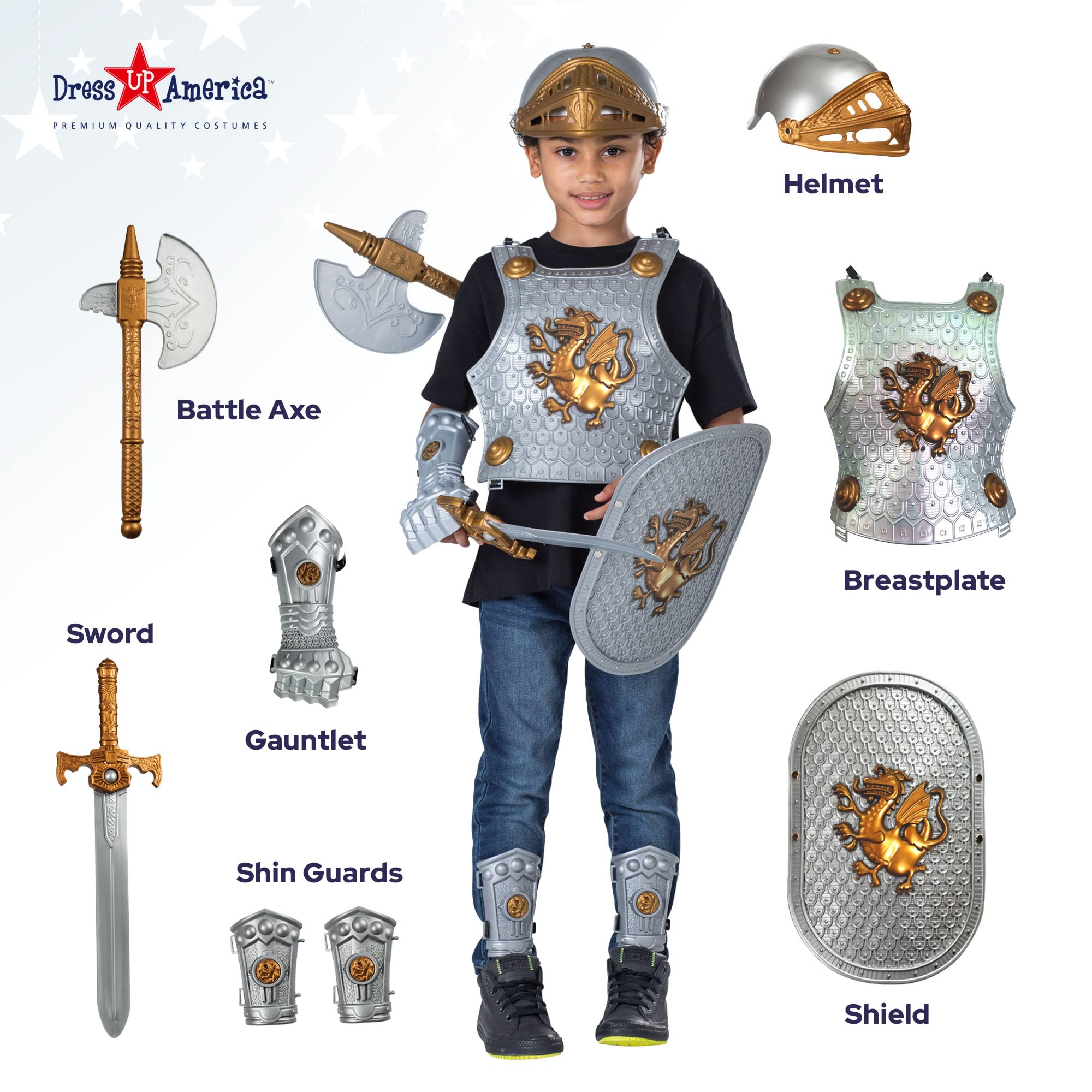 Dress Up America Knight Armor Set for Kids - Medieval Shield and Helmet Playset - Royal Knight Costume Dress Up for Boys