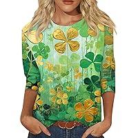 Stylish Casual Saint Patricks Day Shirts for Women with 4 Leaf Clover Print, Round Neck and Three-Quarter Sleeves