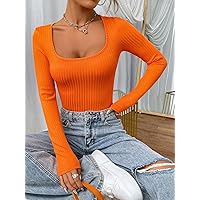 Women's T-Shirt Scoop Neck Ribbed Knit Tee T-Shirt for Women T-Shirt (Color : Orange, Size : X-Small)