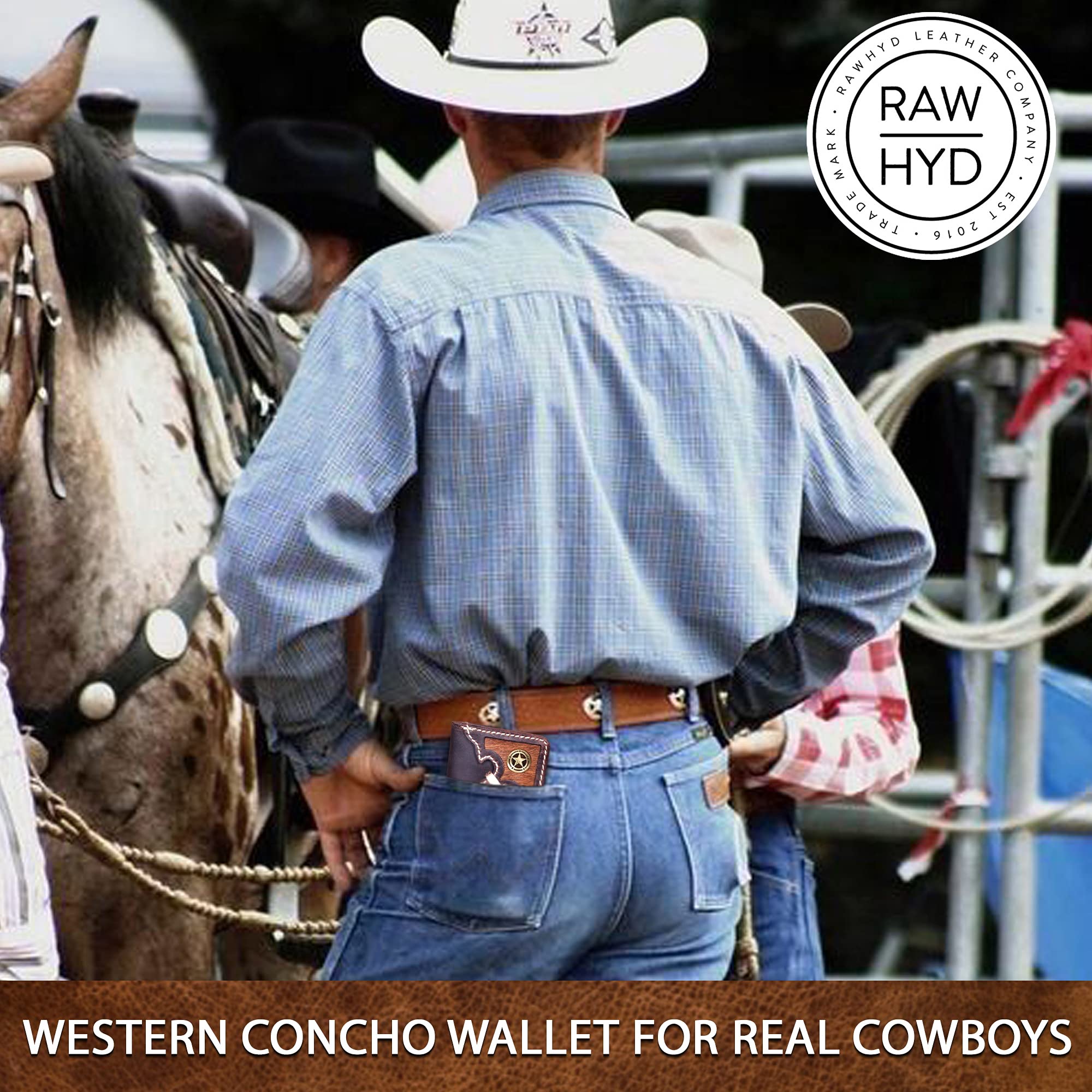 RAW HYD Western Wallets for Men - RFID Blocking Wallet - Full Grain, Hair-On Leather Mens Western Wallet - Concho Long Cowboy Wallets for Men - Mens Wallets Bifold Leather - Western Gifts for Men