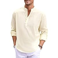 Boisouey Men's Cotton Linen Henley Shirt Long Sleeve Hippie Casual Beach T Shirts