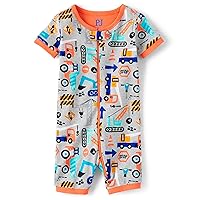 The Children's Place Baby Boy's and Toddler Snug Fit 100% Cotton Short Sleeve Zip-Front One Piece Footless Pajama, Construction Print