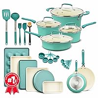 Cookware Set – 23 Piece –Aqua Multi-Sized Cooking Pots with Lids, Skillet Fry Pans and Bakeware – Reinforced Pressed Aluminum Metal - Suitable for Gas, Electric, Ceramic and Induction by BAKKEN Swiss
