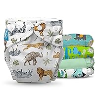 Charlie Banana Reusable Washable Cloth Diapers, Adjustable One Size for Baby Girls Boys, Soft Pocket Diapers with Absorbent Inserts - Mighty Beasties, 5 Pack