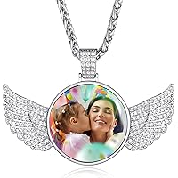 Custom4U Picture Necklace Personalized Photo for Men Women 18K Gold Plated/Black AAA CZ Angel Wings/Heart Medallion Customized Photo Memory Iced Out Pendant Chain 18-30 Inches,Hip Hop Jewelry+Gift Box