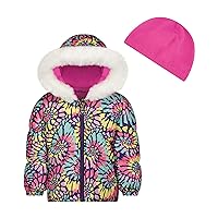 LONDON FOG Baby Girls Winter Jacket, Hood with Faux Fir Trim with Matching Fleece Beanie