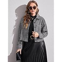 OVEXA Women's Large Size Fashion Casual Winte Plus Plaid Print Drop Shoulder Patch Pocket Overcoat Leisure Comfortable Fashion Special Novelty (Color : Black and White, Size : X-Large)