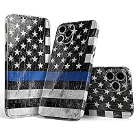 Full Body Skin Decal Wrap Kit Compatible with iPhone 13 Pro Max - Distressed Wood Patriotic American Flag with Thin Blue Line
