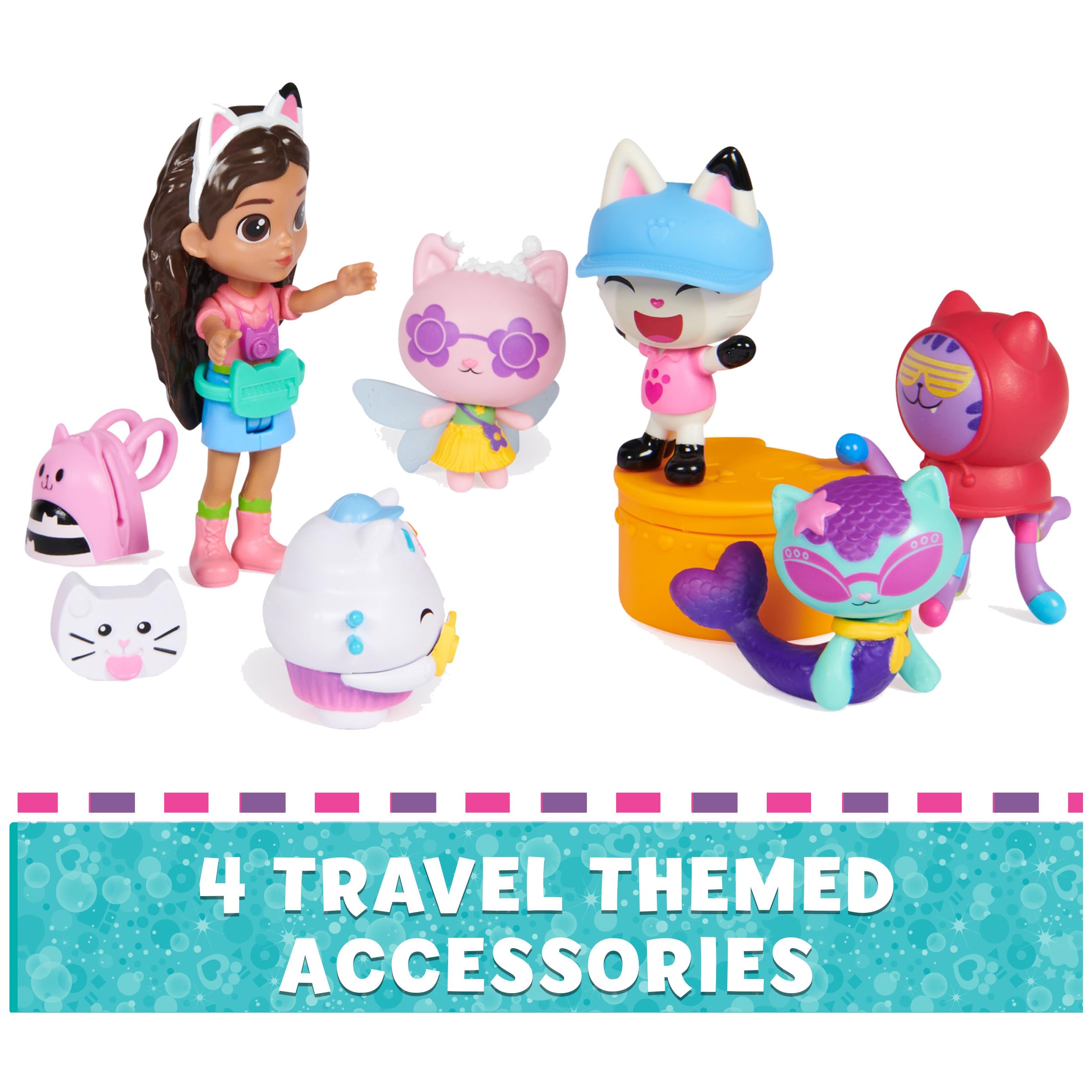 Gabby's Dollhouse, Travel Themed Figure Set with a Gabby Doll, 5 Cat Toy Figures, Surprise Toys & Dollhouse Accessories, Kids Toys for Girls & Boys 3+