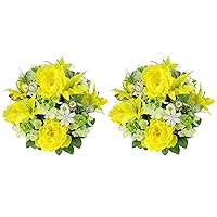 2pcs of 24 Stem Artificial Roses Carnation Mixed Bush Spring Faux Flower Arrangement for Outdoor & Indoor Wedding Home Decoration, Cemetery Decorations for Grave, Yellow
