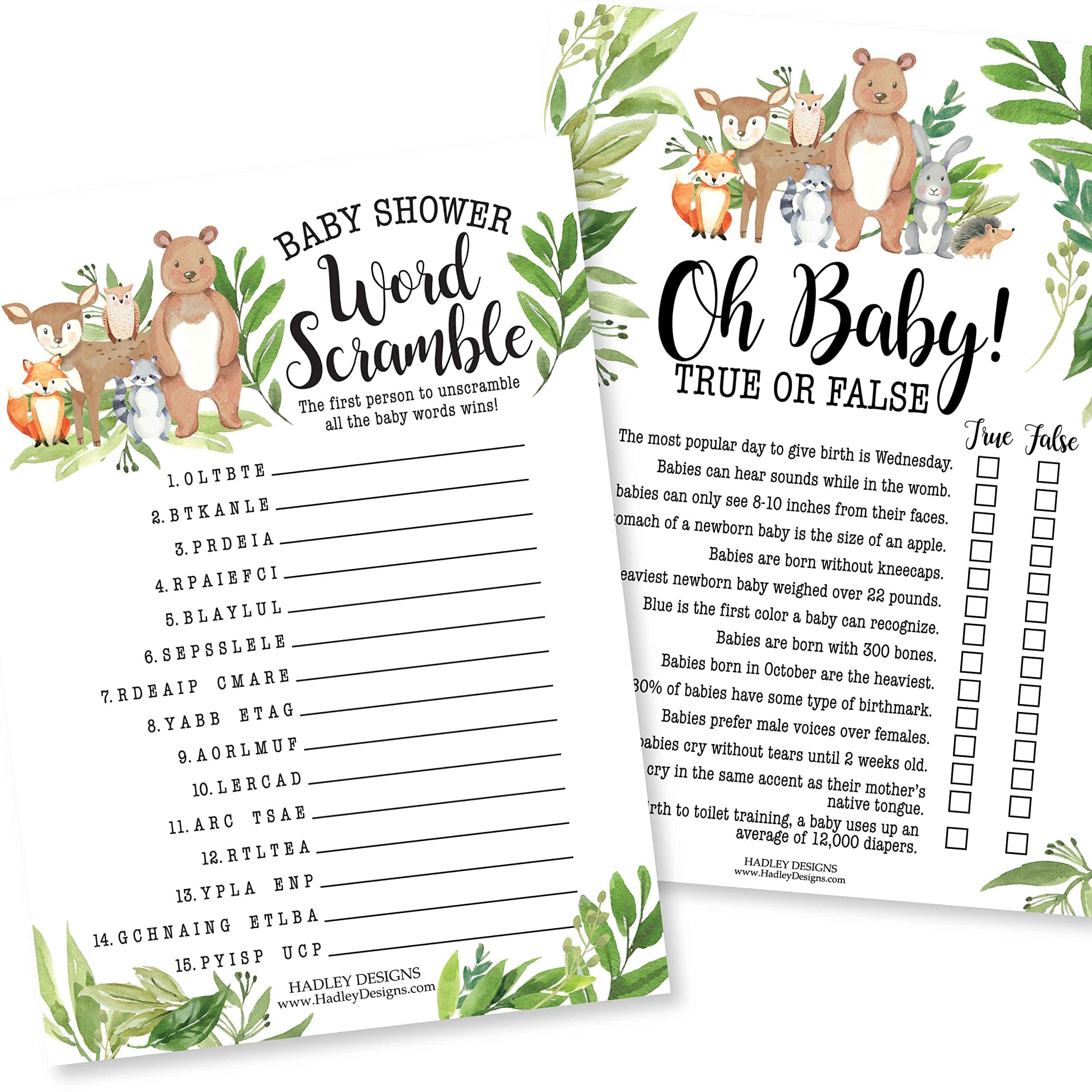 25 Woodland Animal Matching, 25 Nursery Rhyme Game, 25 Word Scramble For Baby Shower, 25 True Or False Game, 25 Who Knows Mommy Best, 25 Baby Prediction And Advice Cards - 6 Double Sided Cards