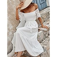 Summer Dresses for Women 2022 Guipure Lace Contrast Shirred Off Shoulder Ruffle Hem Belted Dress Dresses for Women (Color : White, Size : X-Small)