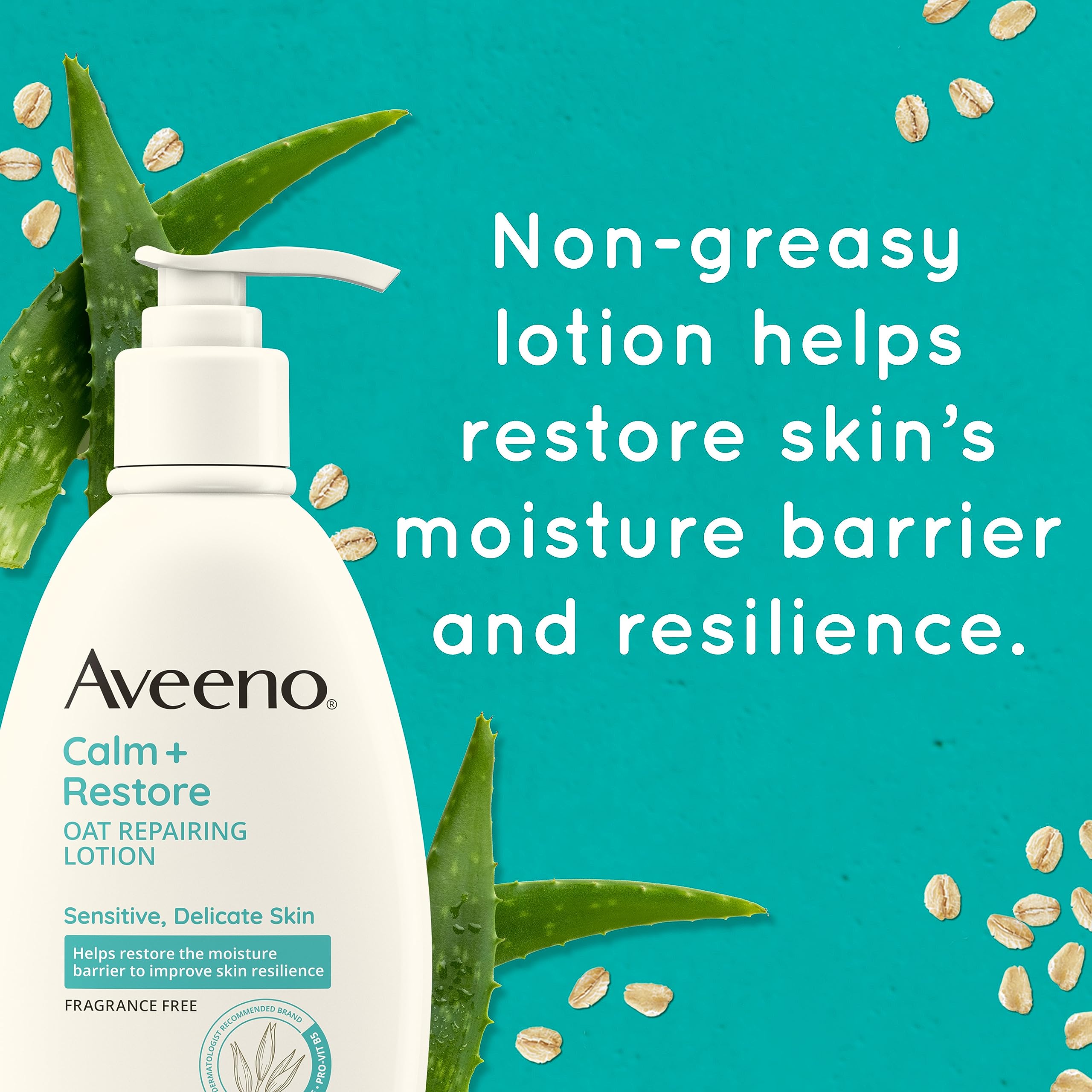 Aveeno Calm + Restore Oat Repairing Body Lotion for Sensitive Skin, Daily Moisturizer with Prebiotic Oat, Aloe & Pro-Vitamin B5 Helps Restore Skin's Moisture Barrier, Fragrance Free, 12 oz