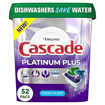 Cascade Platinum Plus Dishwasher Pod, Dishwasher Detergent, Dishwasher Pods, Dish Detergent ActionPacs Dish Pods, Fresh, 52 Count Dishwashing Pods