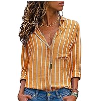 Andongnywell Women's V-Neck Long Sleeve Stripe Tunic Tops Chiffon T-Shirt Blouse Shirt Lapel Shirt