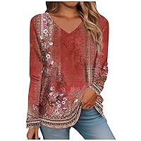 Long Sleeve Shirts for Women,Tops for Women Long Sleeve V Neck Retro Printed Loose Fit Tunic T Shirts 2024 Summer Fashion Cute Tee Blouse Dressy Tops for Women