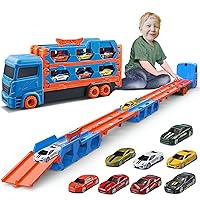 Big Hauler Transporter Truck Toy Set with 2 Ejection Race Track, Mega Deform Catapulting and Shooting Folding Storage Car Carrier with 8 Metal Car Gift for Kids Boys and Girls Age 3+