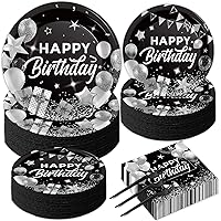 gisgfim 50 Guests Black and White Silver Happy Birthday Party Decorations Birthday Party Tableware Set Confetti Sprinkles Black Birthday Plates Napkins Forks 200PCS Birthday Table Decors for Men Women