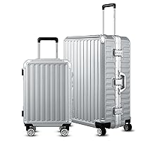 LUGGEX Luggage Sets 2 Piece with Aluminum Frame, Polycarbonate Zipperless Carry On and 28 inch Checked Luggage Set, Silver Hard Shell Suitcase 4 Metal Corner