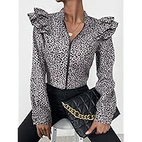 Women's Jackets -Jackets Leopard Print Ruffle Trim Zip Up Jacket Women's Coats and Jackets (Color : Multicolor, Size : X-Small)