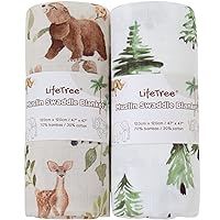 LifeTree Muslin Swaddle Blankets Neutral, Woodland Baby Swaddling Wrap Nursery Receiving Blanket for Boys & Girls Unisex, Soft 70% Viscose from Bamboo and 30% Cotton, Large 47 x 47 inches
