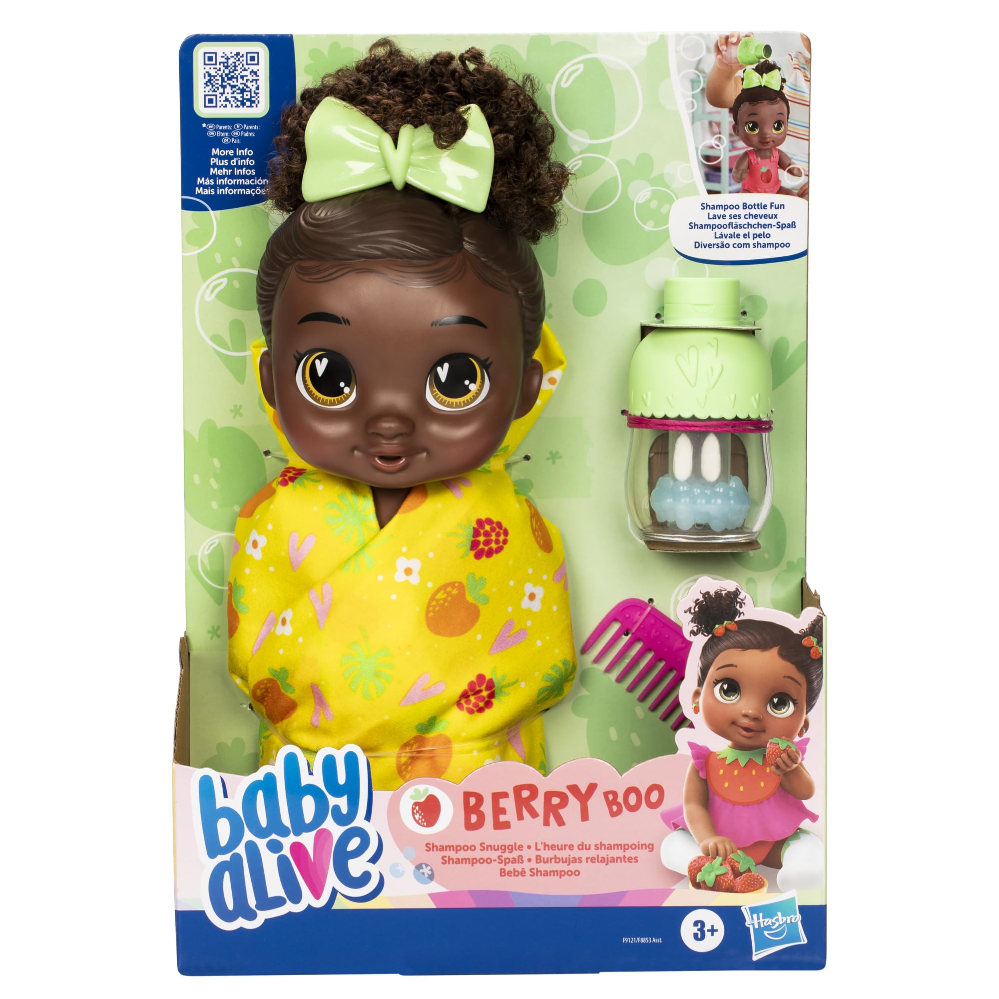 Baby Alive Shampoo Snuggle Berry Boo Black Hair 11 Inch Water Baby Doll Playset, Toys for 3 Year Old Girls & Boys & Up