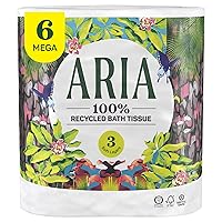 Aria 100% Recycled Toilet Paper, 1 Pack of 6 Rolls, 3 Soft Layers of Bath Tissue with Recyclable Paper Packaging