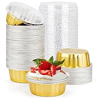 Beasea Disposable Ramekins with Lids, 8oz 100 Pack Golden Aluminum Foil Cups Disposable Creme Brulee Muffin Cupcake Baking Cup Mini Pudding Cups for Party Wedding Birthday