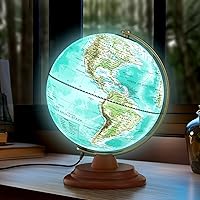 Illuminated Globe of the World with Wooden Stand, 8'' World Globe for Kids & Adults' Learning Built-in LED Night Light, Home Office Classroom Decor Geography Gifts(Elegant Turquoise)