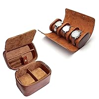 Longjet Watch Roll (3 Slot, Brown) + Watch Travel Case (Brown)