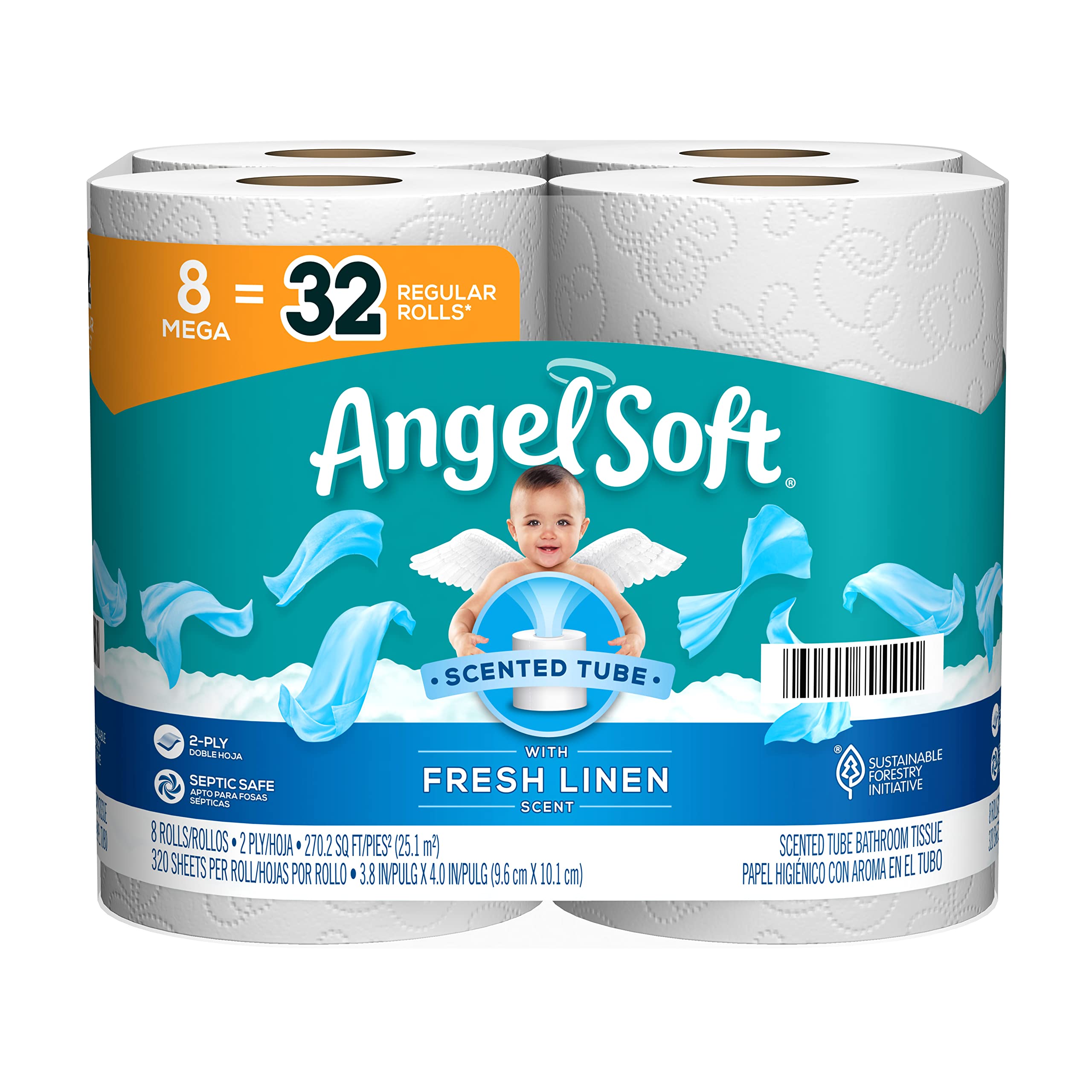 Angel Soft® Toilet Paper with Fresh Linen Scent, 8 Mega Rolls = 32 Regular Rolls, 320 Sheets each, 2-Ply Bath Tissue, 320 Count (Pack of 8)