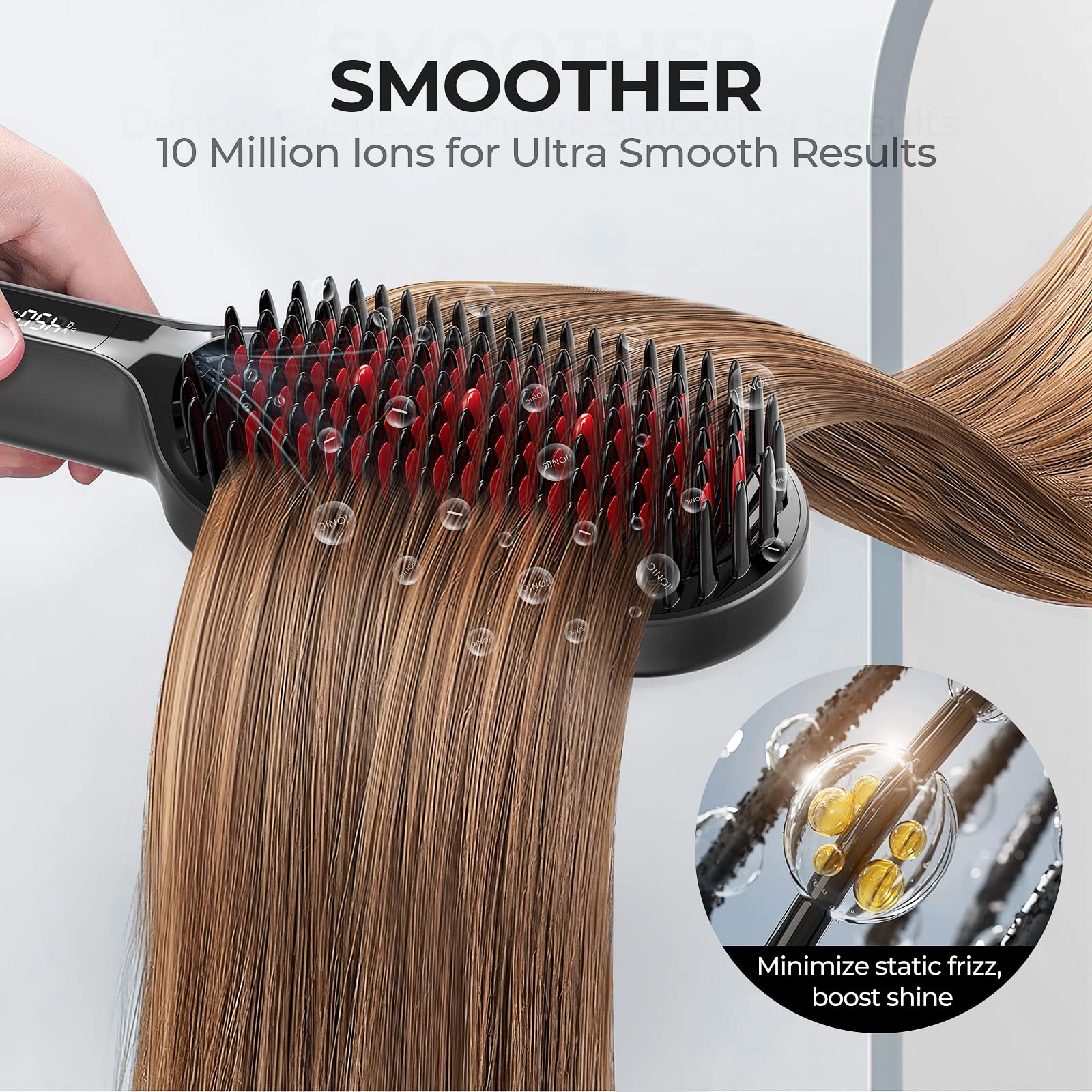 2023 Upgraded Hair Straightener Brush | TYMO Ionic Plus Straightening Brush with Dense Bristles, 16 Temps, Dual Voltage | Heat Brush Straightener for Women | Flat Iron Comb for Thick Curly Hair