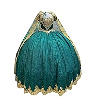 Ball Gown with Cape Gold Embroidery 3D Floral Flowers Pearls Pattern Quinceanera Prom Dress 2024